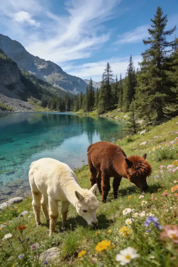 湖边草地上羊驼觅食场景