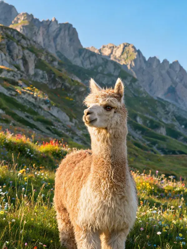 阳光明媚山地草甸中的羊驼特写