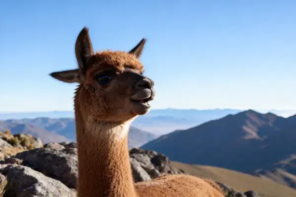 美洲驼于山地岩石处凝视远方