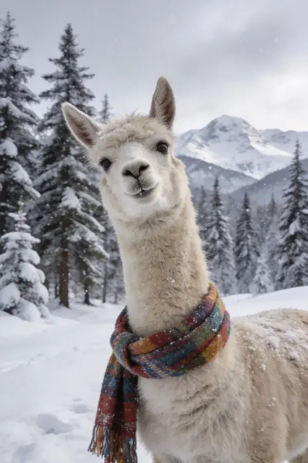 雪地山林中戴围巾的羊驼