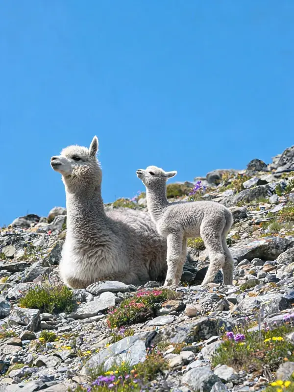 岩石山地间羊驼母子静立