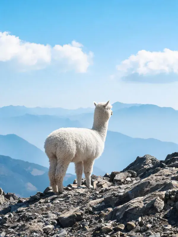 高山岩石间白色羊驼眺望远景