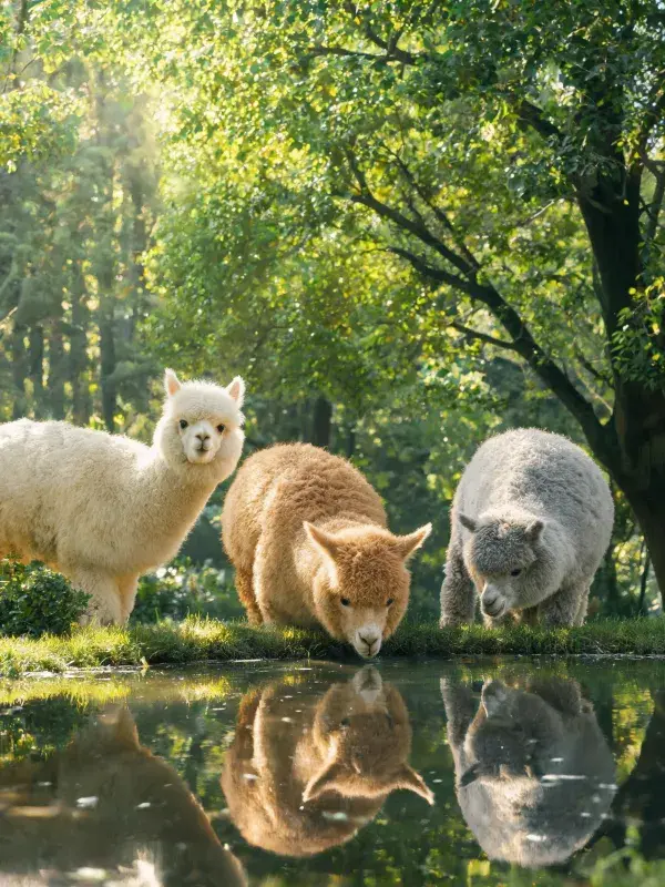 森林溪边三只羊驼饮水景致