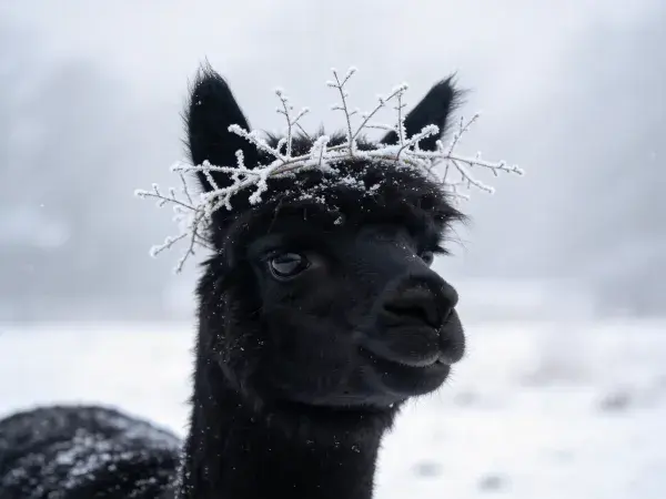雪地中戴冰霜花环的黑美洲驼
