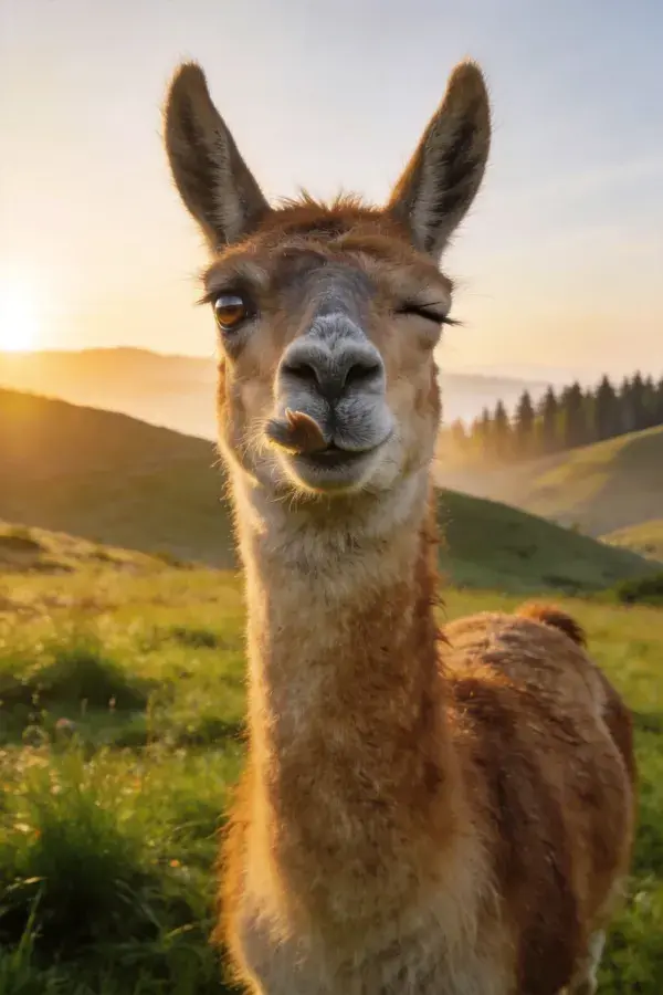阳光下美洲驼闭眼微笑的瞬间