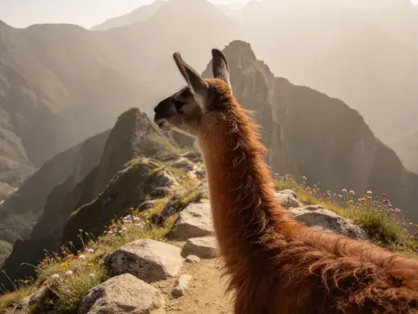 阳光明朗的山地美洲驼场景