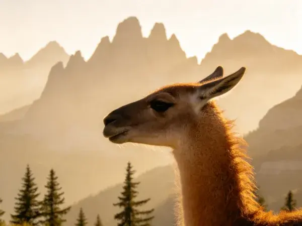 阳光下的美洲驼与山峦风光