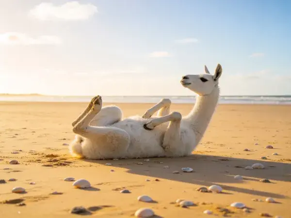 浅沙滩上躺卧的白羊驼