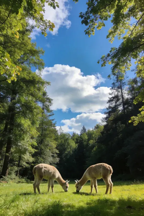 两只羊驼在林间草地低头吃草的场景