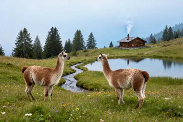 山间草地木屋旁的羊驼景象