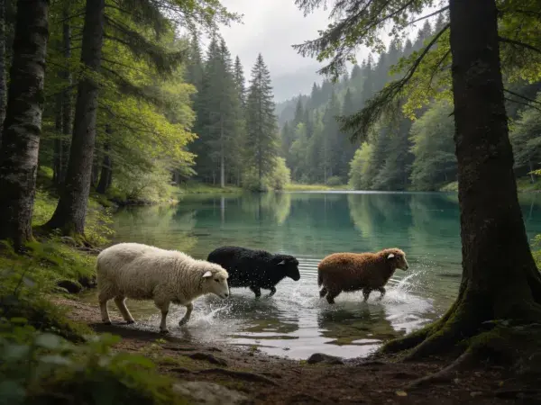 青山绿水间三只绵羊涉水的森林湖泊场景
