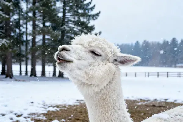 羊驼抬头张口于雪地场景中