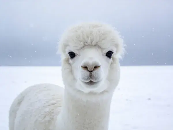 近景雪地中白色羊驼站立姿态