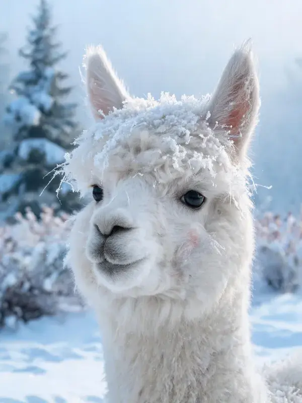 雪地中覆霜的白绒山羊驼特写