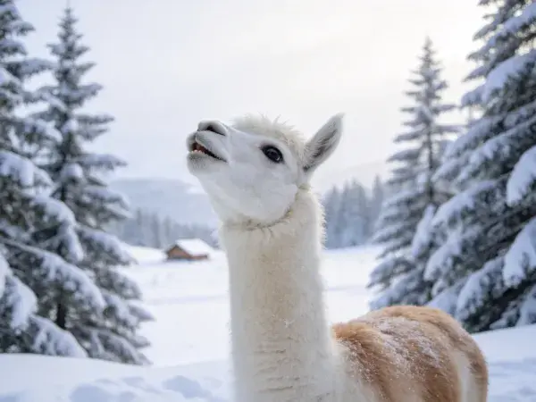 雪地森林中浅毛色羊驼近景