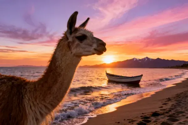 沙滩夕阳下羊驼与停泊小船的风景场景