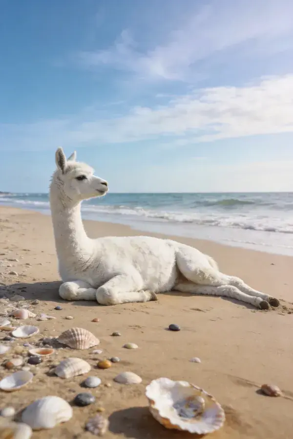 海滩沙地上的白色羊驼幼崽