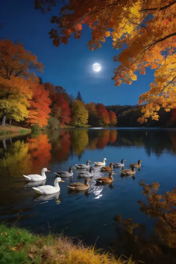 家养绿头鸭夜间湖面游动场景