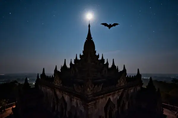 夜晚佛塔与飞行的蝙蝠景象