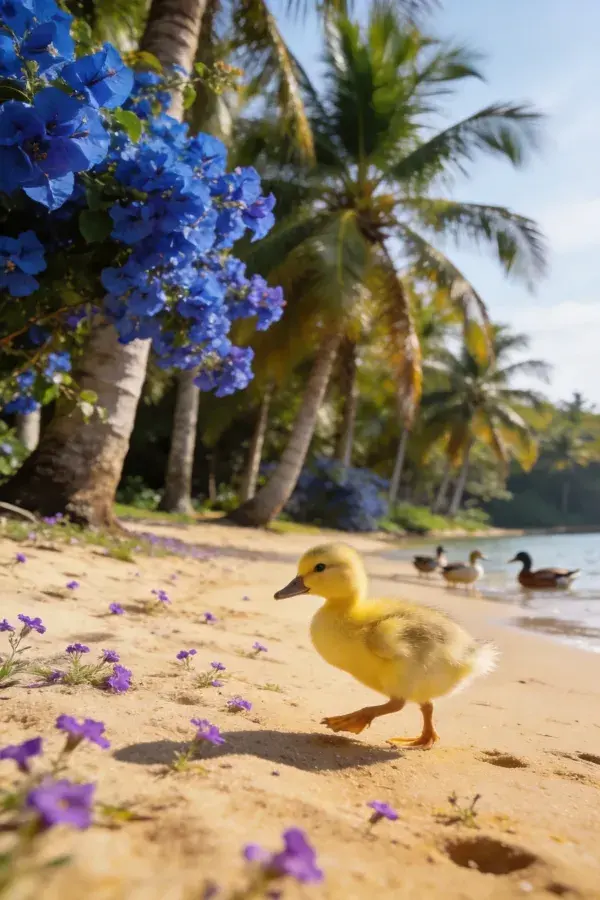 沙滩上的黄色雏鸭漫步场景