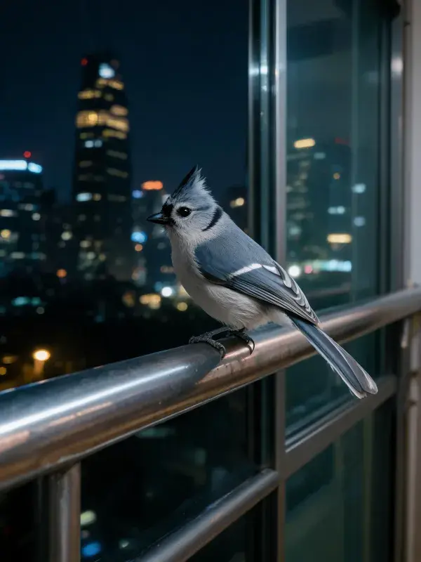 城市夜景下的灰蓝鹊栖息图