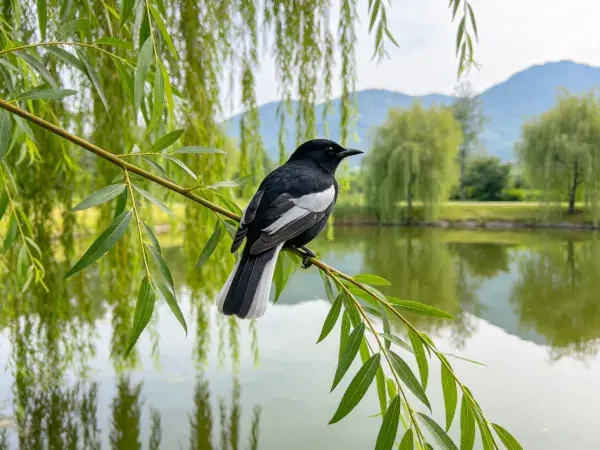 鹅耳枥枝头的喜鹊栖息状态