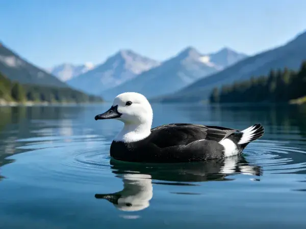 山水间黑白海鸭游弋场景