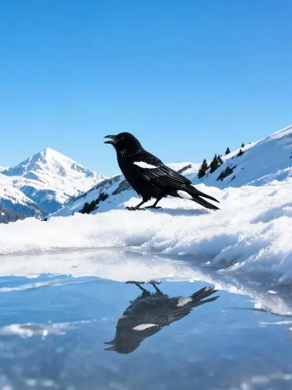 雪地白翅鸦站立景象图
