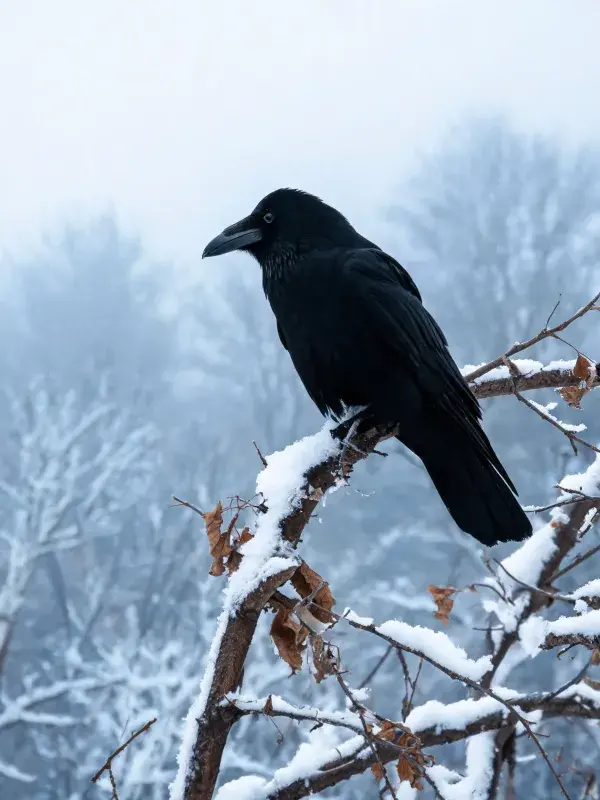 乌鸦栖息于覆雪树枝之上