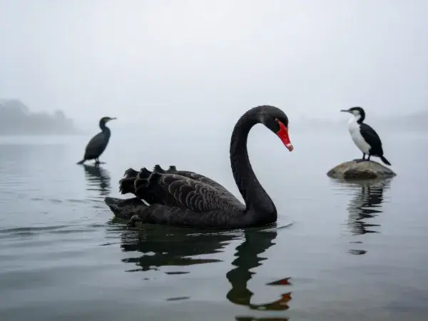 黑天鹅水面游动与鸬鹚