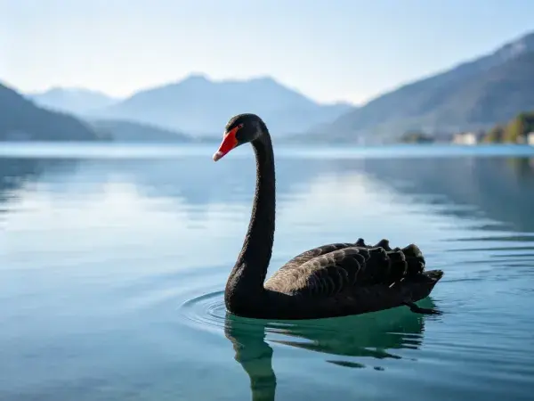 黑天鹅浮游于山水湖泊之景