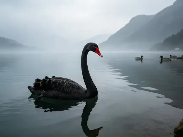 雾中山湖的黑天鹅景观