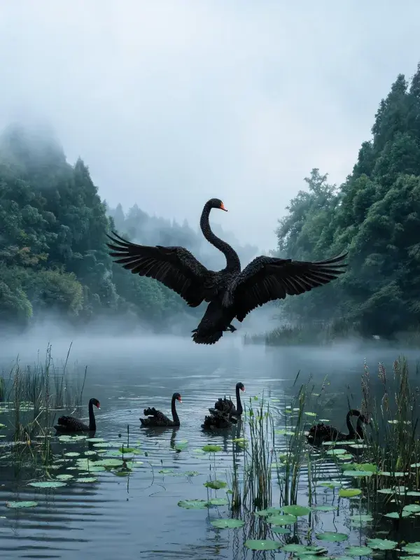 飞翔的黑天鹅与水域群鹅场景