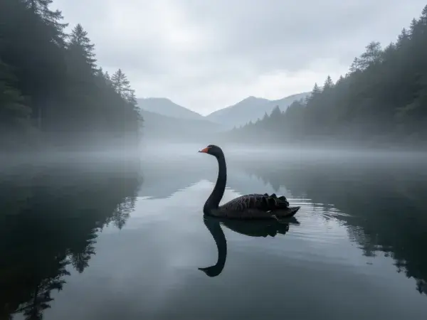 黑天鹅在雾中湖面游弋