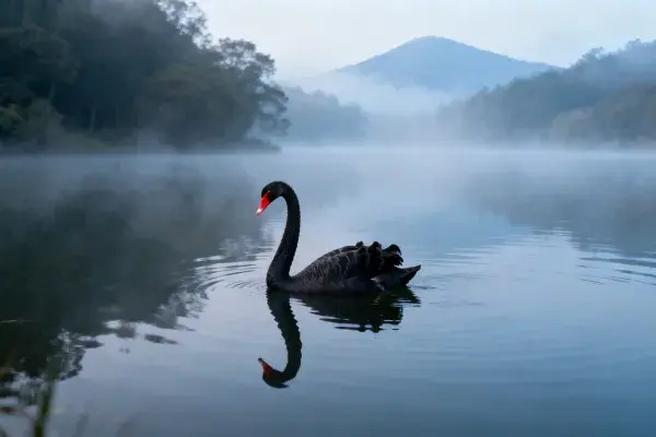 黑天鹅于晨雾湖面游弋