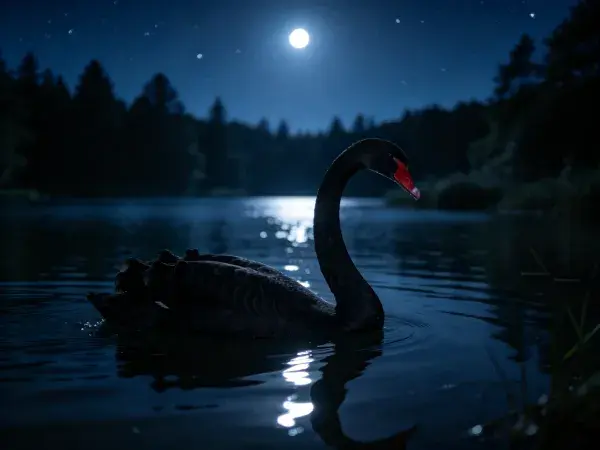 夜晚湖面黑天鹅浮游图