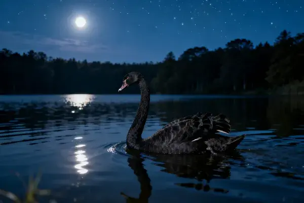 黑天鹅夜晚湖面游泳图