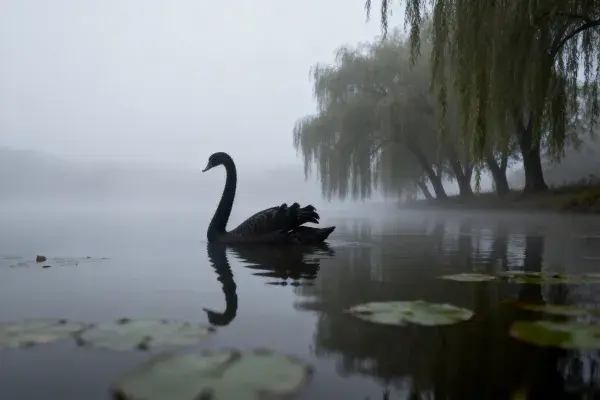 黑天鹅在水雾中的湖面游弋