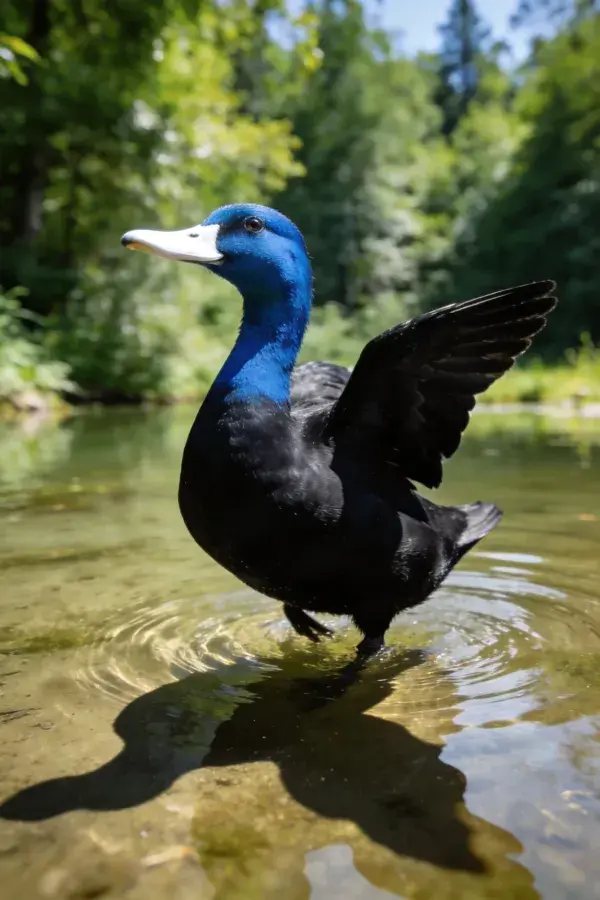 黑瑞典鸭在水池中展翅的姿态