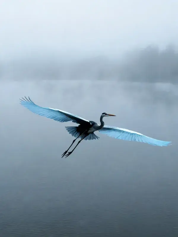 苍鹭低空飞行雾中水面图