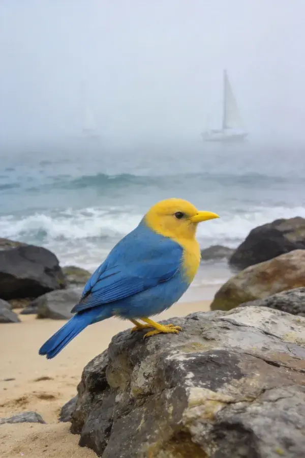 海边岩石上的蓝黄彩羽雀
