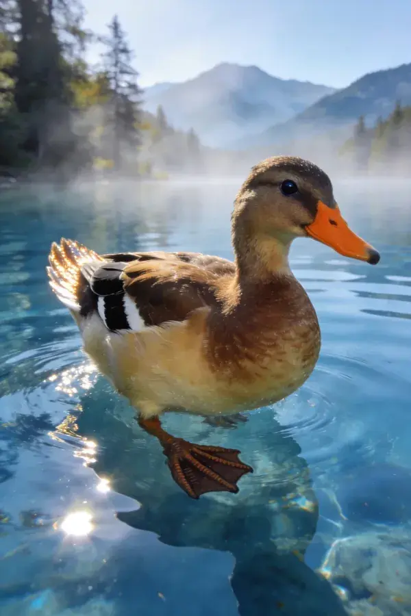 阳光下褐家鸭戏水湖泊场景