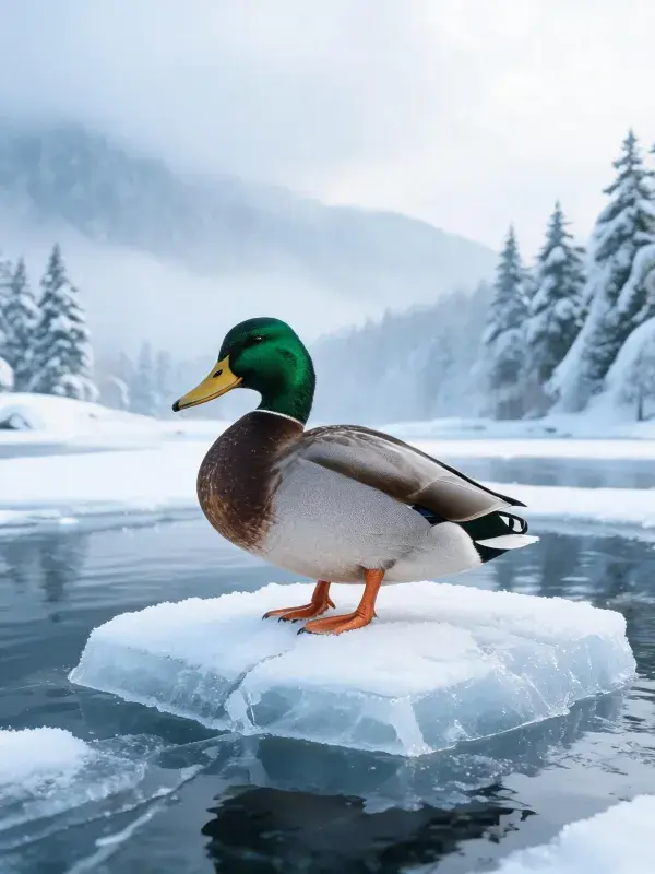 绿头鸭站立在冰雪冰块上