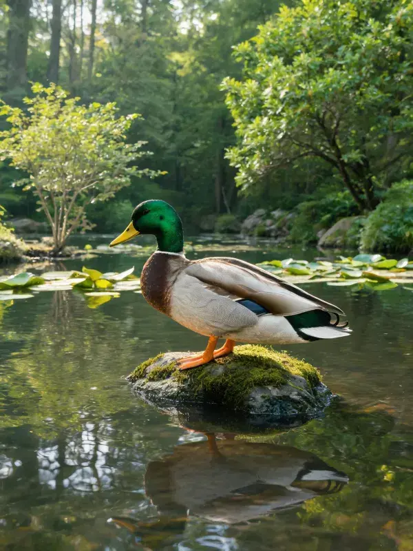 湿润湖面岩石上的花脸鸭栖息图