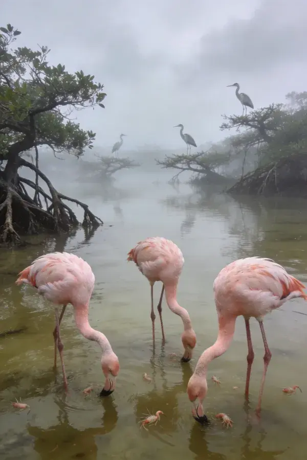 雾中红树林湿地里的火烈鸟