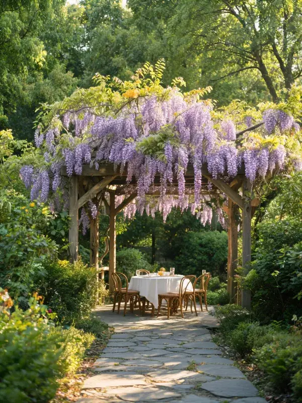 露天花园内的紫藤花凉亭用餐场景