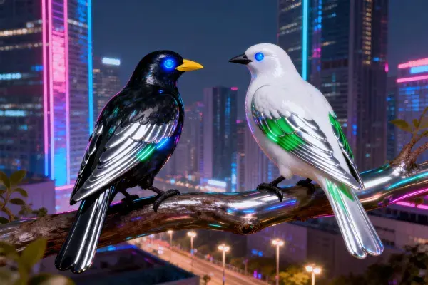 未来科幻金属羽毛鸟类栖息夜景前