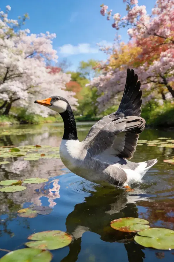 阳光下樱花池中的灰雁特写