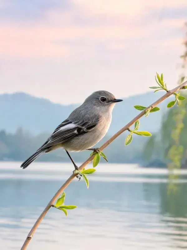 春日湖畔枝桠上的小型鸣禽栖息景象