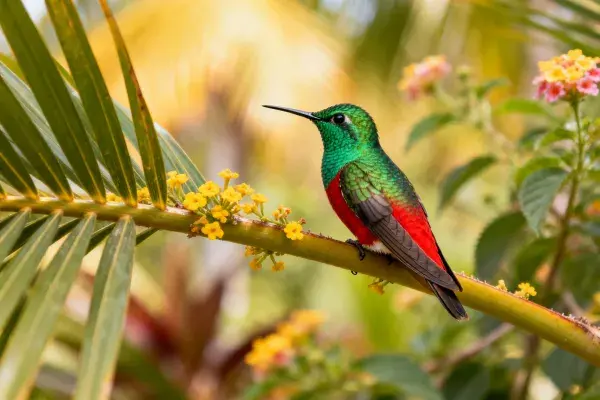 热带环境中红胸蜂鸟栖息图